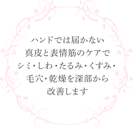 ハンドでは届かない真皮と表情筋のケアでシミ・しわ・たるみ・くすみ・毛穴・乾燥を深部から改善します